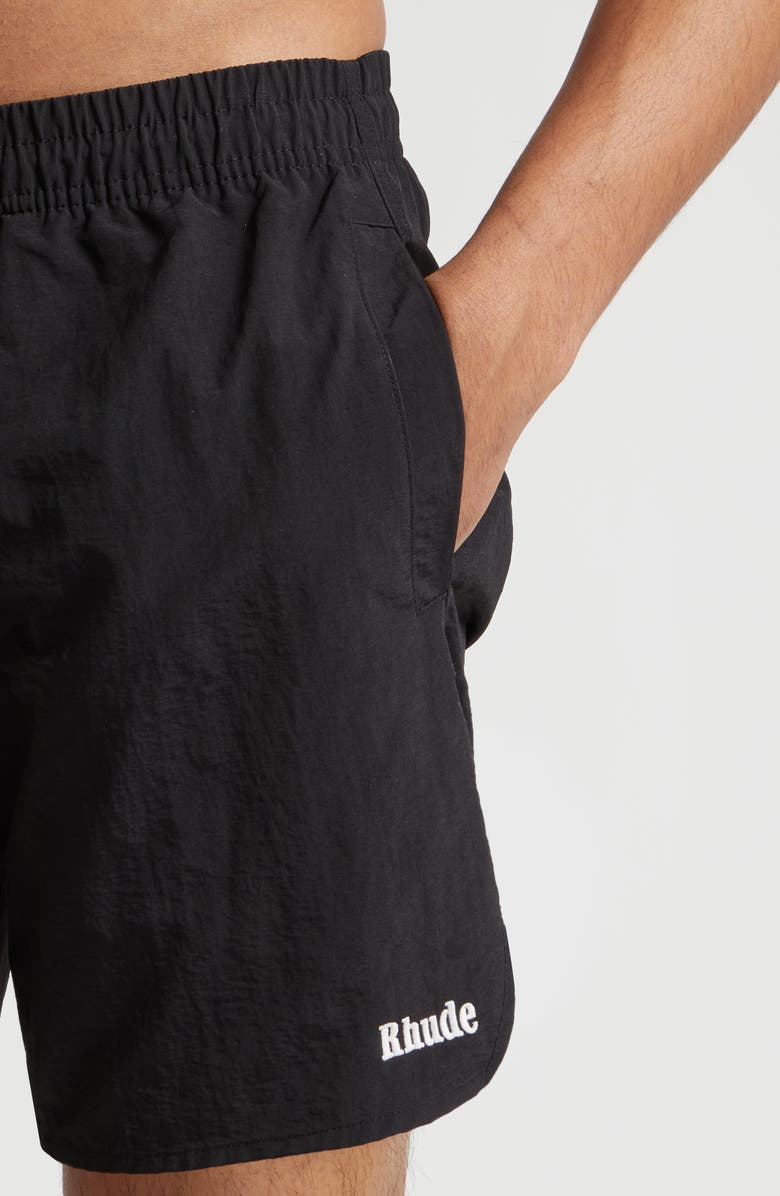 Rhude Classic Logo Nylon Swim Trunks, Alternate, color, Black/ White