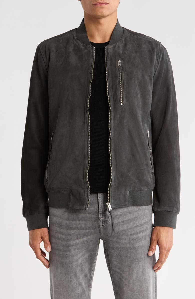 AllSaints Kemble Suede Bomber Jacket, Main, color, Soot Grey