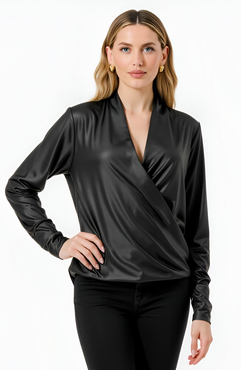 Modenaire Draped Satin Long-Sleeve Surplice Deep V-Neckline Blouse, Main, color, 