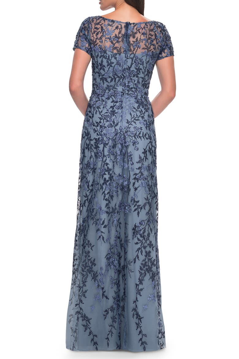 Floral Beaded Evening Dress with Sheer Cap Sleeves, Alternate, color, Slate