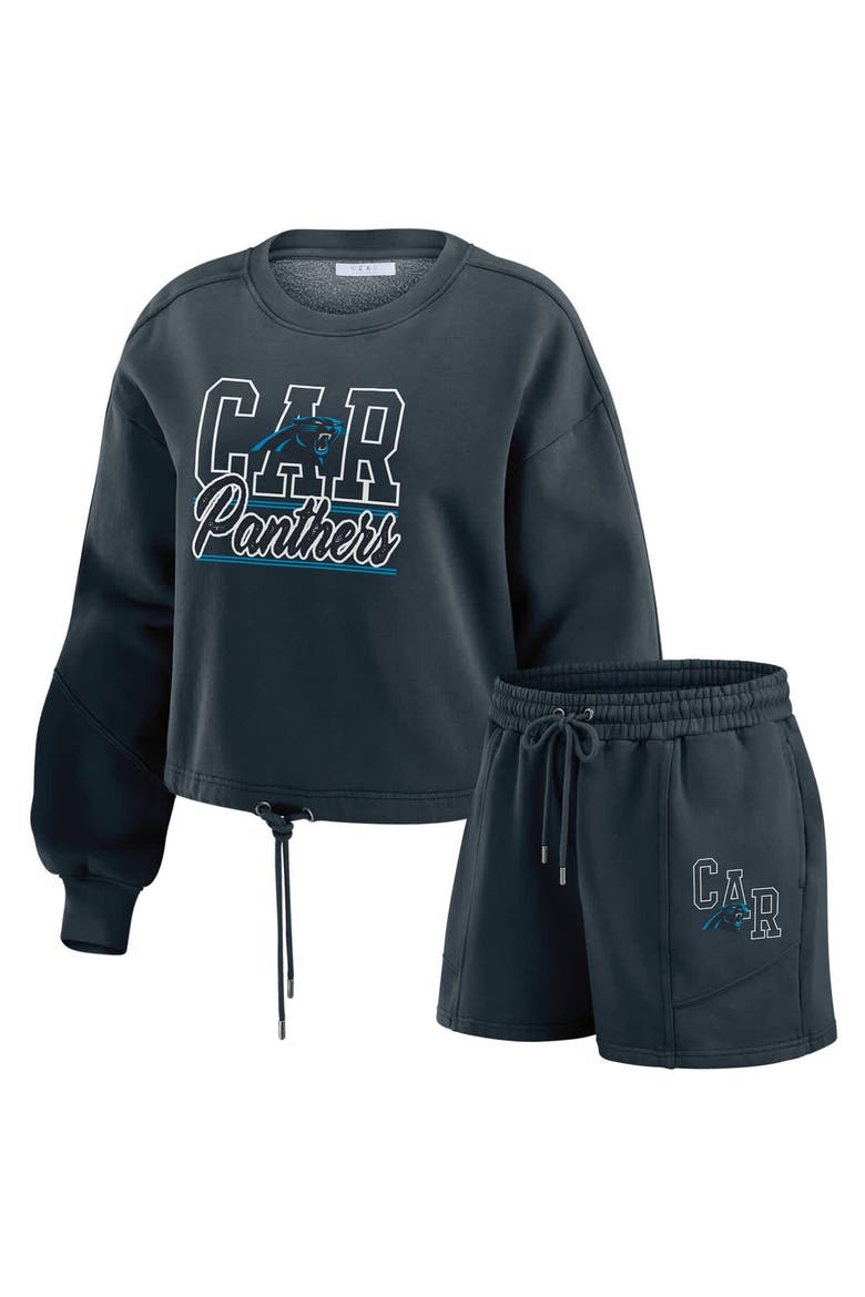 Women's WEAR by Erin Andrews Black Carolina Panthers Washed Fleece Long Sleeve T-Shirt & Shorts Lounge Set, Alternate, color, Black