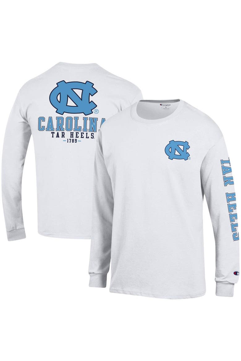 Men's Champion White North Carolina Tar Heels Team Stack Long Sleeve T-Shirt, Main, color, White
