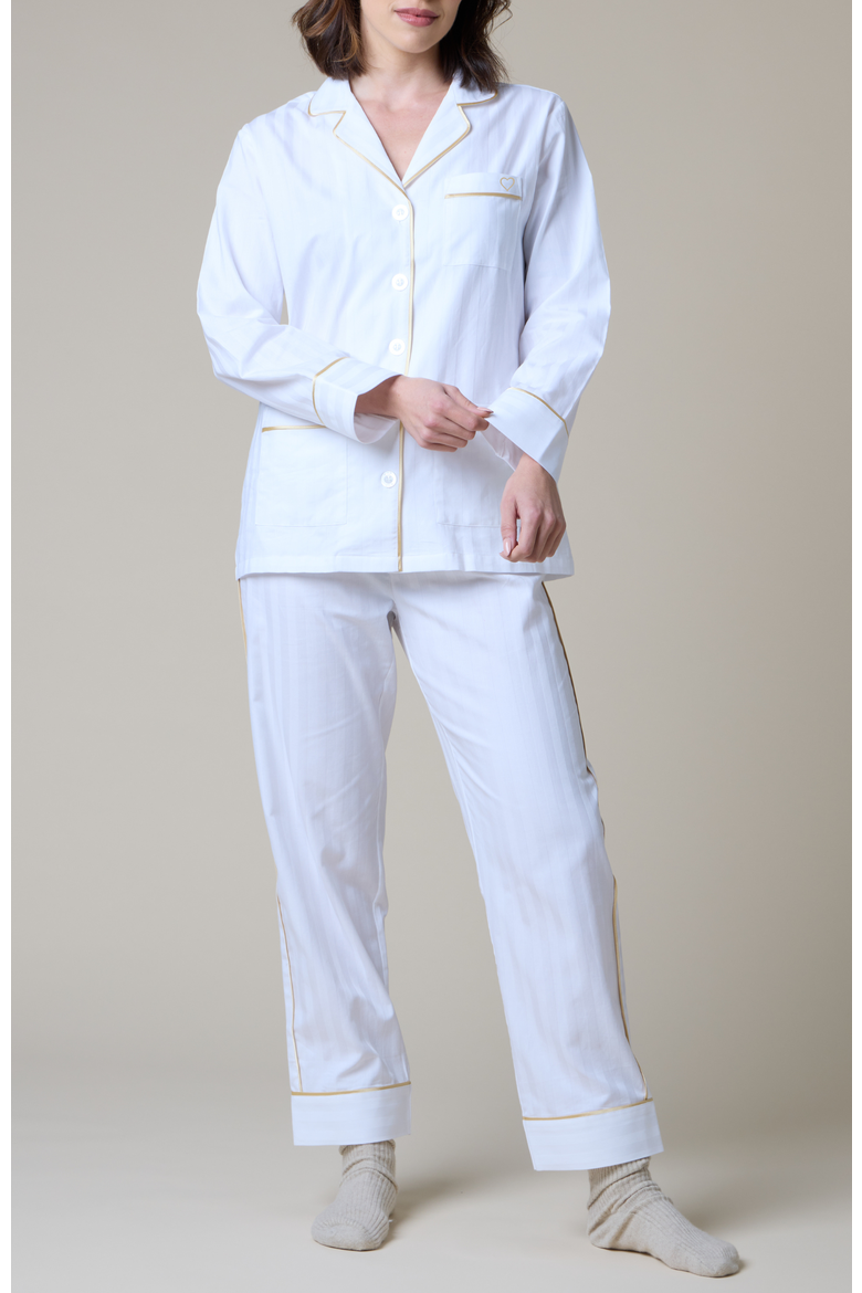 Heart Embroidered Cotton Long Pajama Set, Main, color, Lily White
