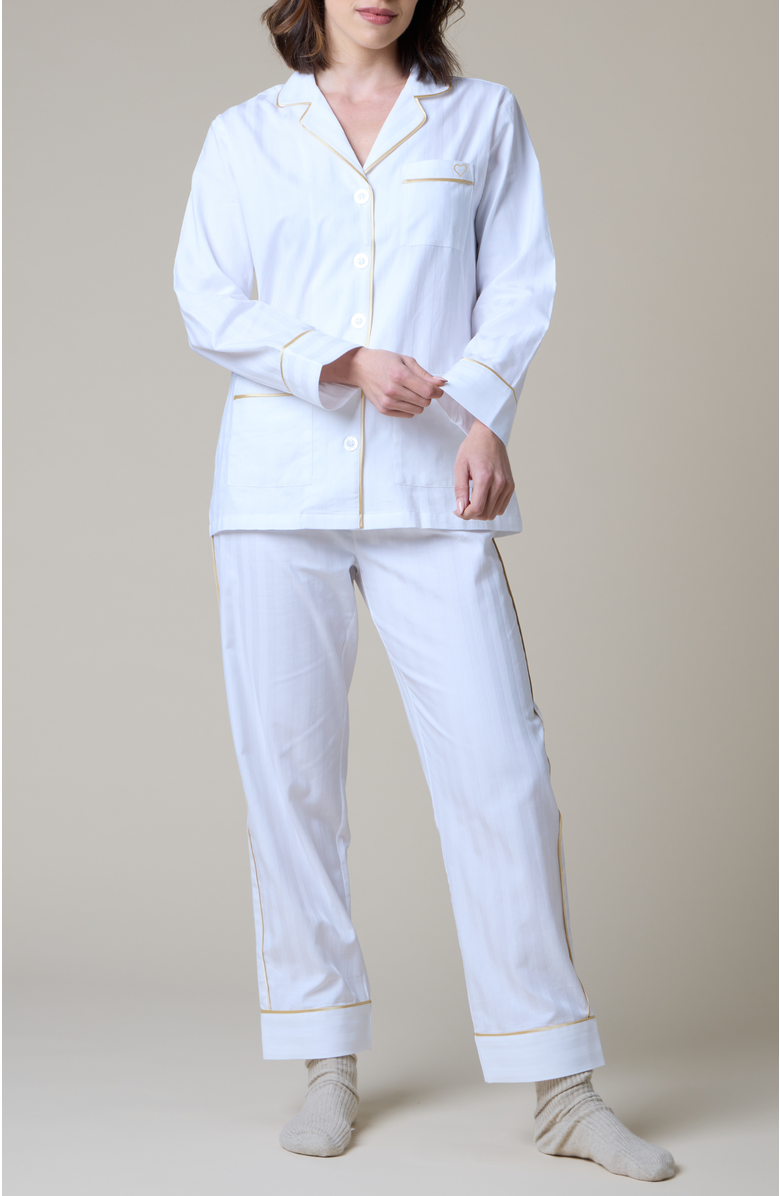 KIP Heart Embroidered Cotton Long Pajama Set, Main, color, Lily White