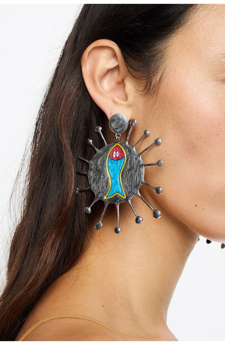 Bimba y Lola Multicolor Enamel Fish Earrings, Alternate, color, Grey