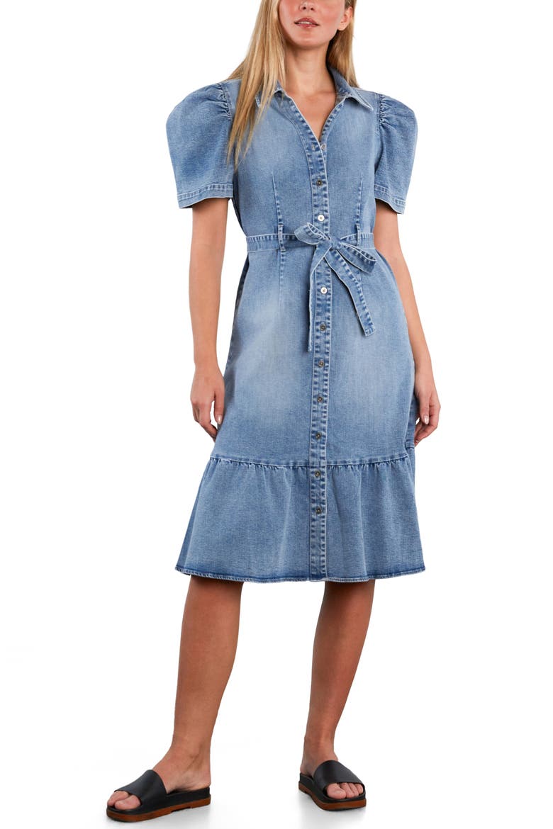 Muse Belted Puff Sleeve Denim Midi Shirtdress, Alternate, color, DENIM MUSE
