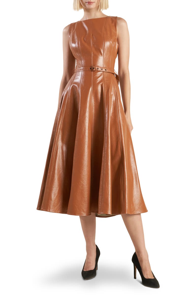 FREEMARKET Sleeveless Belted Faux Leather Midi Dress, Main, color,