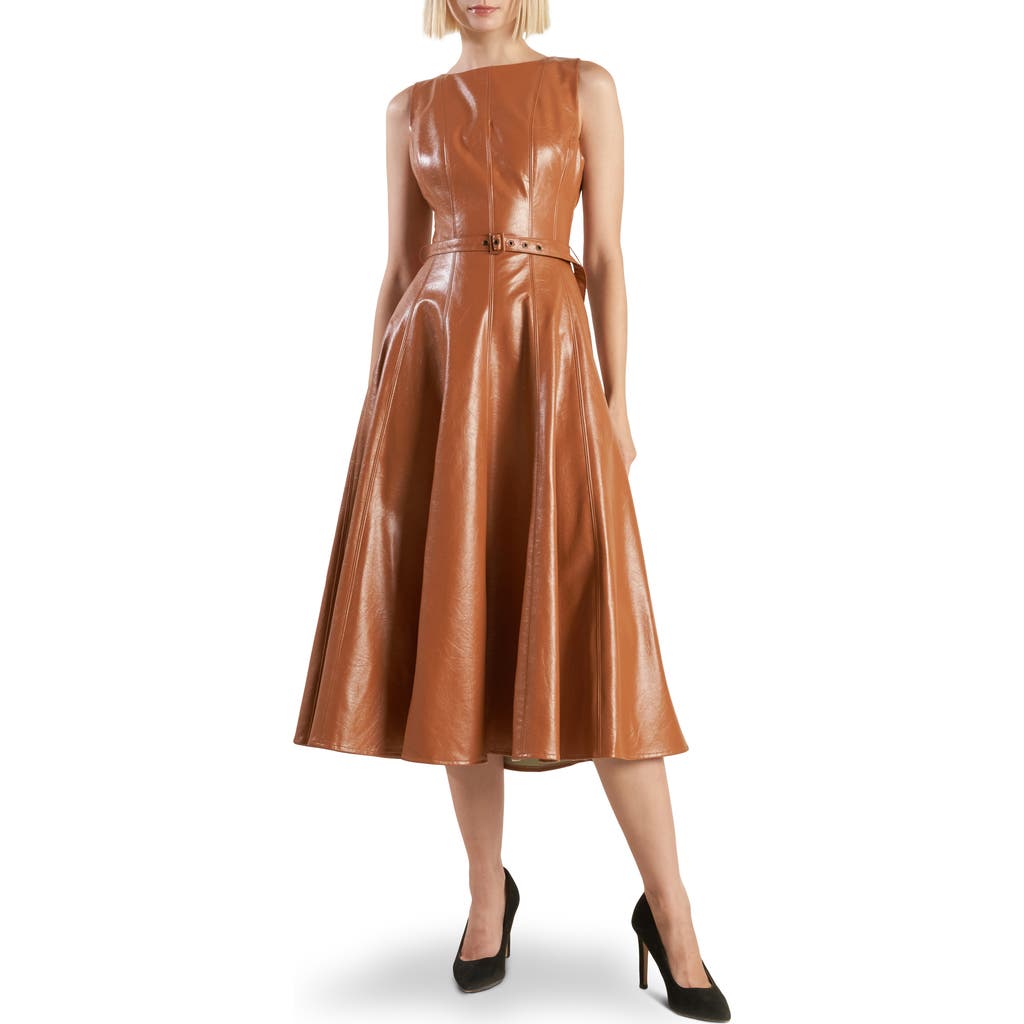 Freemarket Sleeveless Belted Faux Leather Midi Dress In Brown