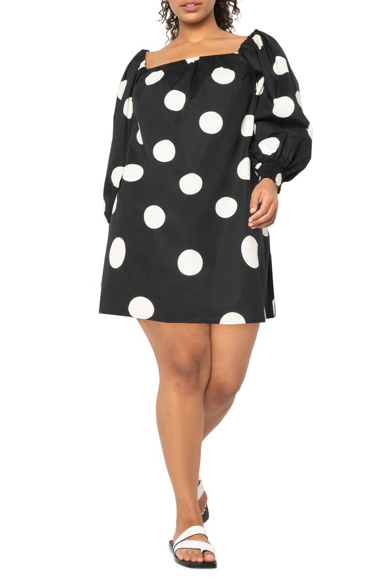 ELOQUII Polka Dot Long Sleeve Shift Dress, Main, color, 