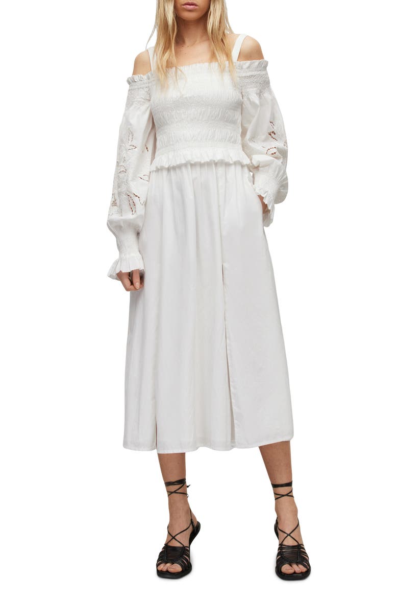 Launa Broderie Long Sleeve Cotton Dress, Main, color, CHALK WHITE