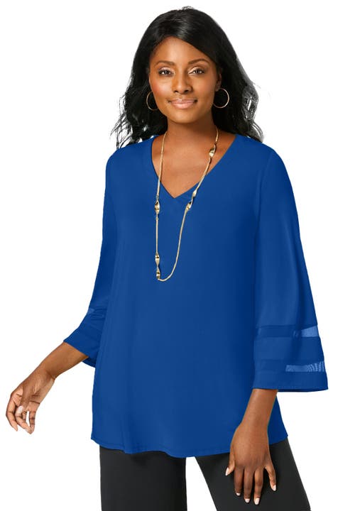 Jessica London Stretch Knit Mesh Inset Sleeve Tunic In Blue