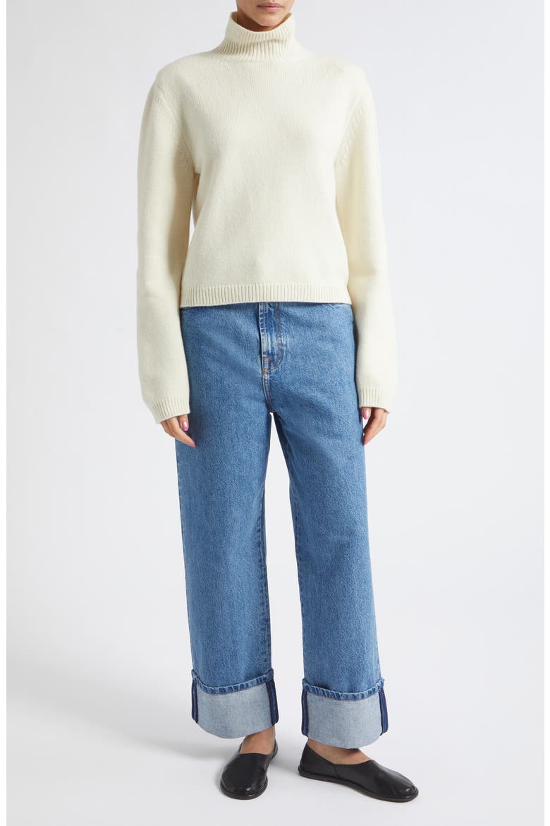 Statement Shoulder Wool & Cashmere Crop Turtleneck Sweater, Alternate, color, OFF WHITE