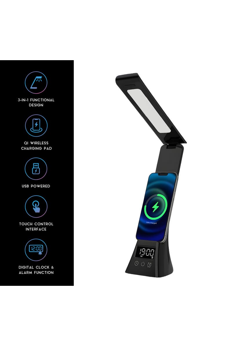 PURSONIC 3-in-1 LED Desk Lamp with Wireless Charger and Alarm Clock, Alternate, color, Black