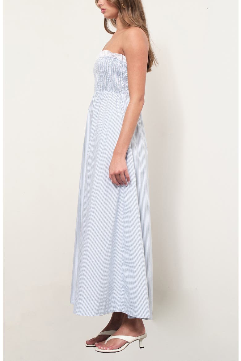 Alicia Stripe Ruffle Trim Strapless Midi Dress, Alternate, color, BLUE GREEN STRIPE