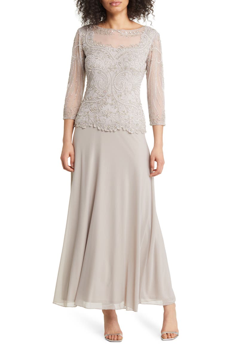 Pisaro Nights Beaded Mesh Mock Two-Piece Gown, Main, color, NEW SILVER