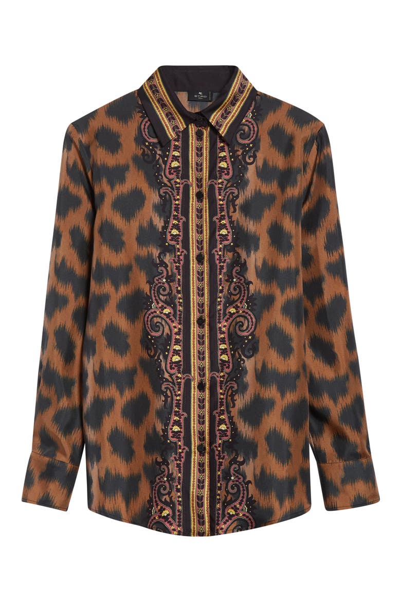 Leopard Silk Twill Button-Up Shirt, Alternate, color, DARK BROWN