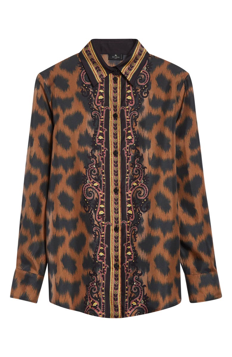 Etro Leopard Silk Twill Button-Up Shirt, Alternate, color, Dark Brown