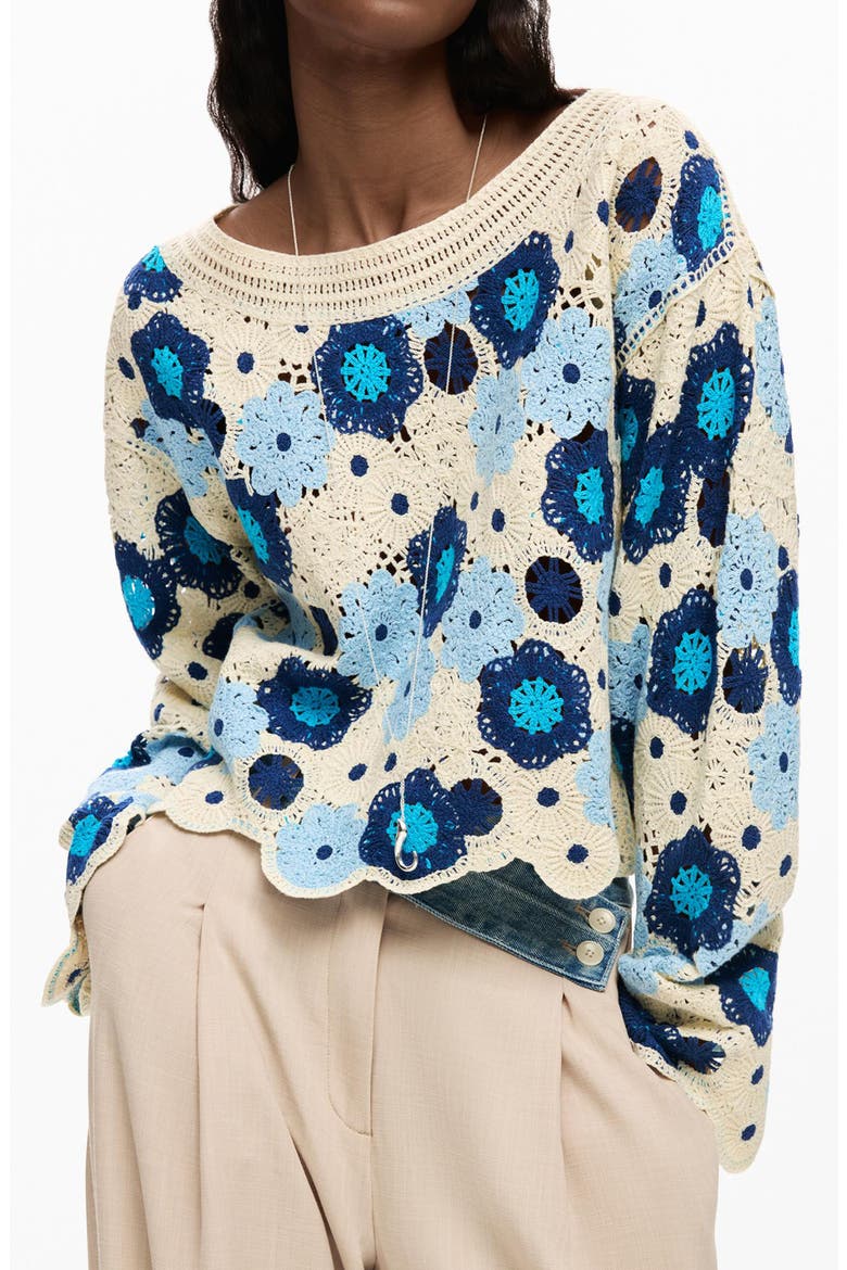 Open Stitch Floral Sweater, Alternate, color, BLUE