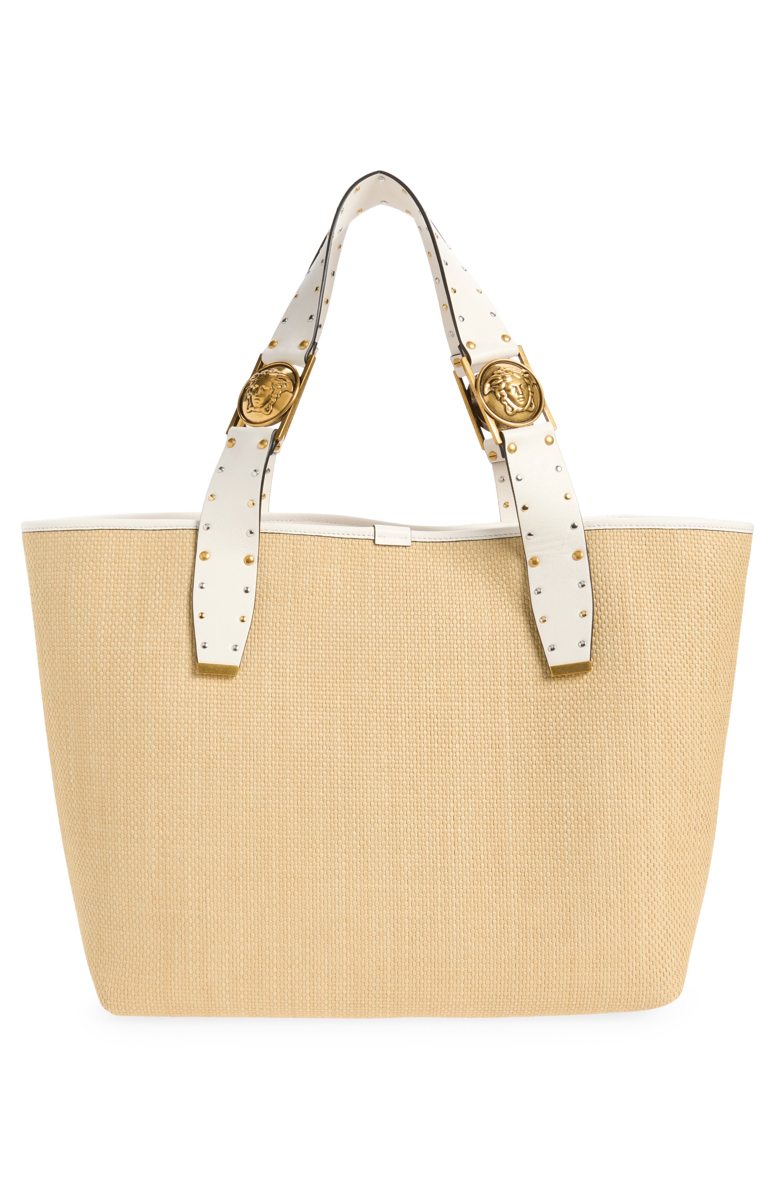 Versace Large Rivière Woven Raffia Tote, Alternate, color, Natural White Rosewood Gold