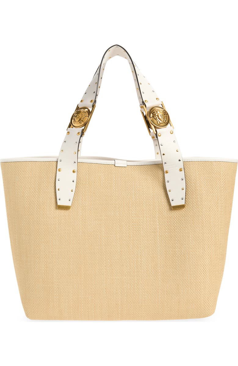 Versace Large Rivière Woven Raffia Tote, Alternate, color, Natural White Rosewood Gold