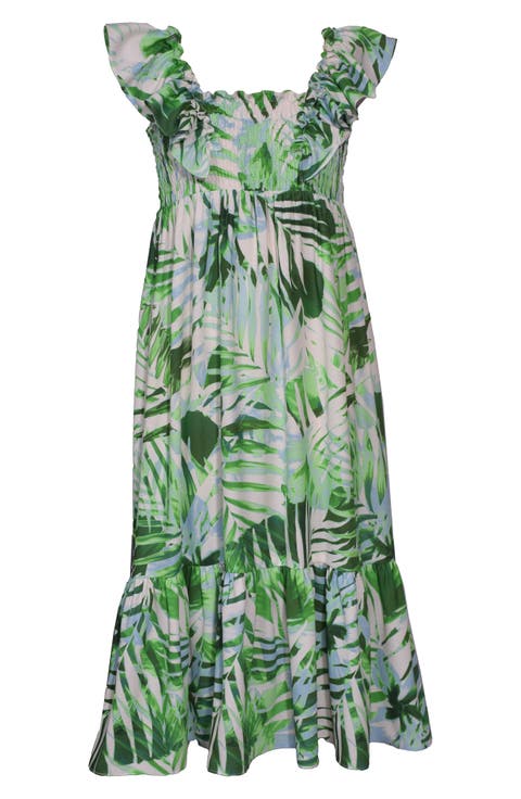 Kids' Tropical Leaf Tiered Maxi Dress (Big Kid)