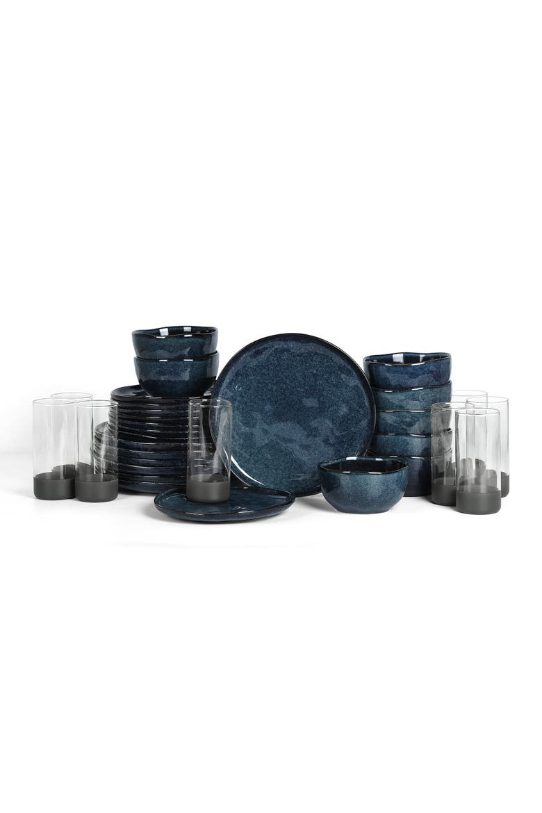 Mirella Stoneware 32-Piece Dinnerware Set with Glasses, Main, color, Blue