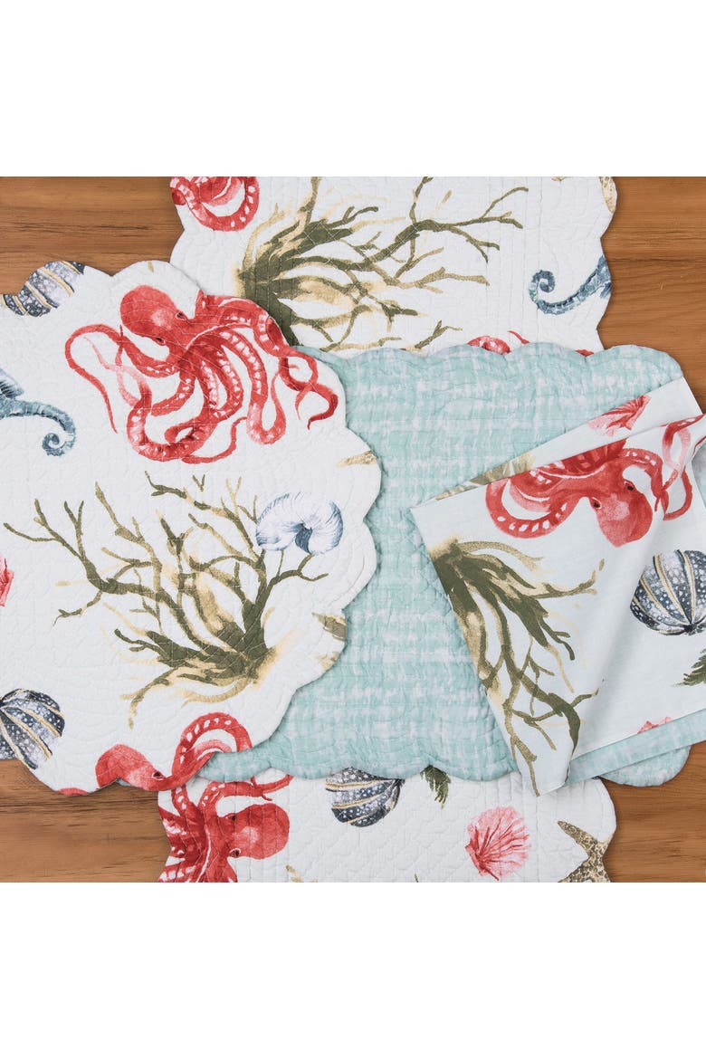 Behari Coastal Sea Life Cotton Quilted Reversible Placemats Set of 6, 13" x 19", Alternate, color, Blue