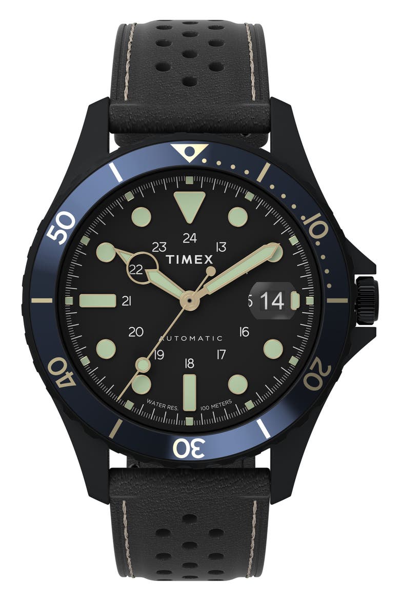 Navi XL Automatic Leather Strap Watch, 41mm, Main, color, BLACK/ BLACK/ BLACK