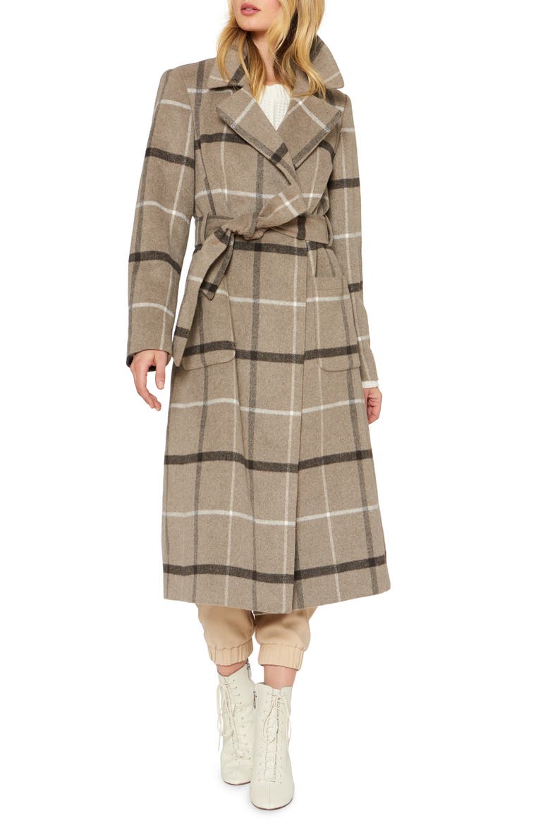Plaid Wool Blend Wrap Coat, Main, color, BEIGE TAUPE PLAID