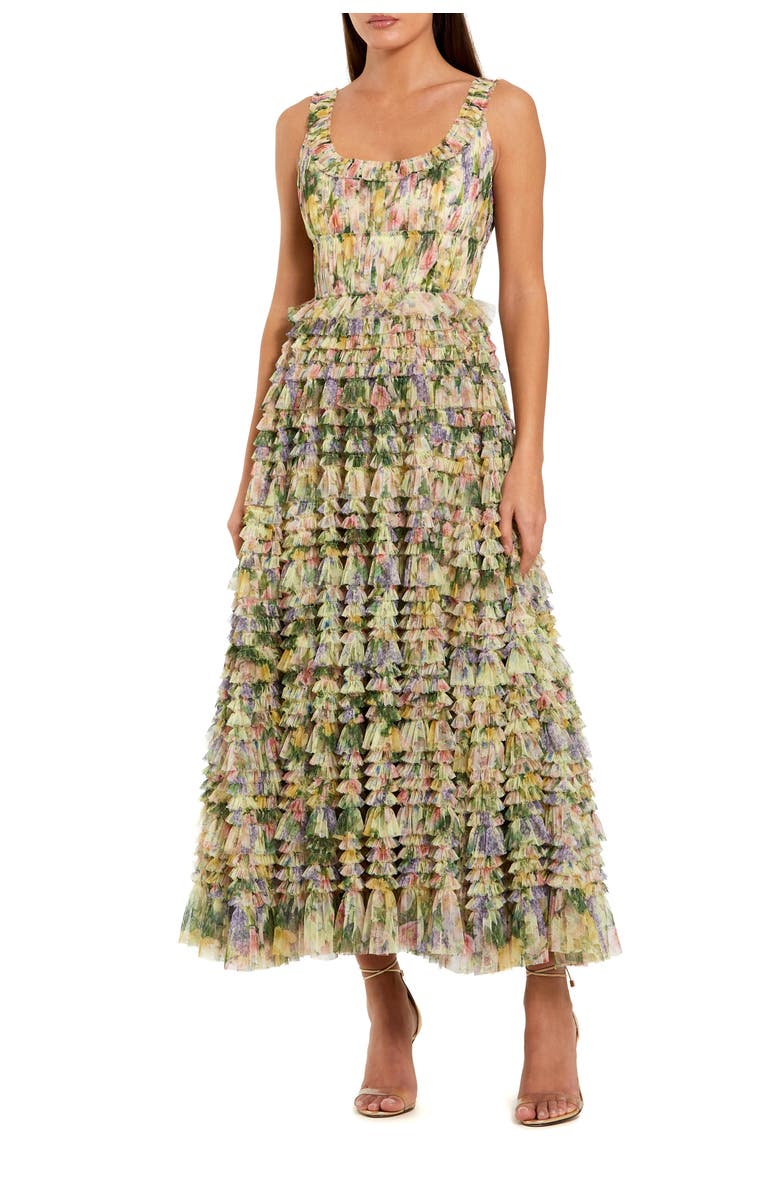 Mac Duggal Floral Printed Tiered Ruffle Smocked Midi Dress, Main, color, Yellow Multi