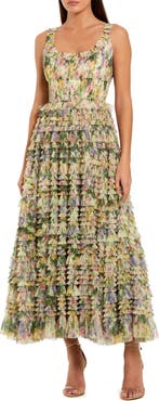Mac Duggal Floral Printed Tiered Ruffle Smocked Midi Dress