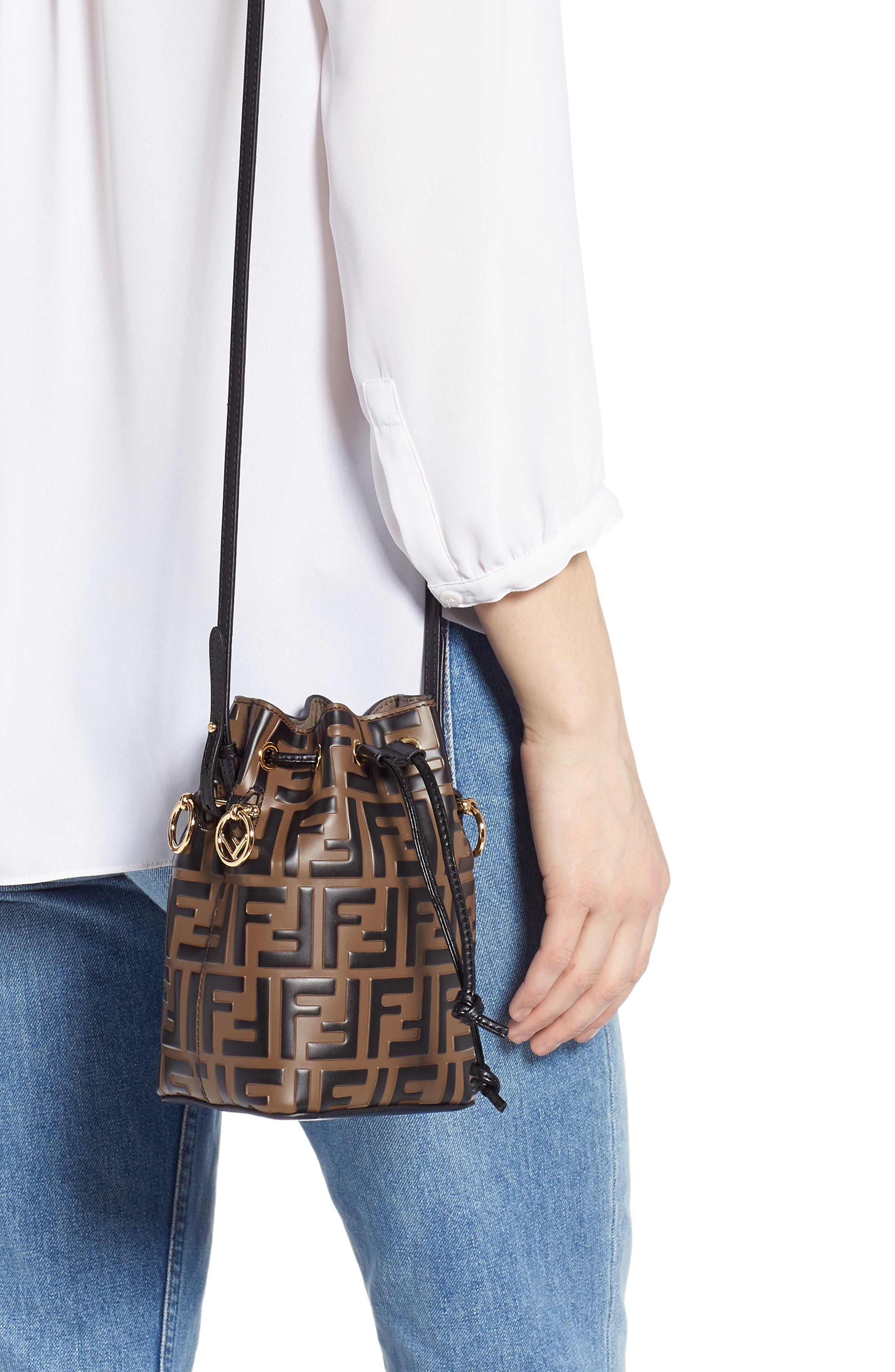 Fendi Mini Mon Tresor Logo Calfskin Leather Bucket Bag, Alternate, color, 