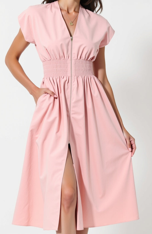Modenaire Cap Sleeve Midi Dress With Smocked Waist Front Zip And Side Pockets In Pink