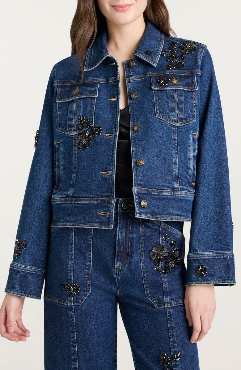 Cinq à Sept Crystal Detail Denim Trucker Jacket, Main, color, 