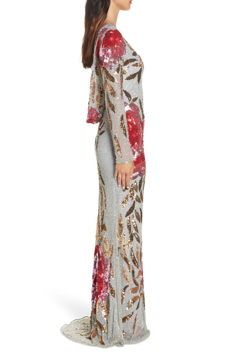 Long Sleeve Sequin Column Gown, Alternate, color, PLATINUM