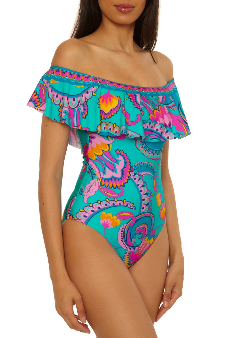 Mykonos Ruffle Off the Shoulder One-Piece Swimsuit, Alternate, color, MULTI