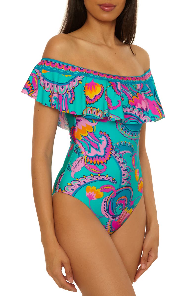 Trina Turk Mykonos Ruffle Off the Shoulder One-Piece Swimsuit, Alternate, color, Multi