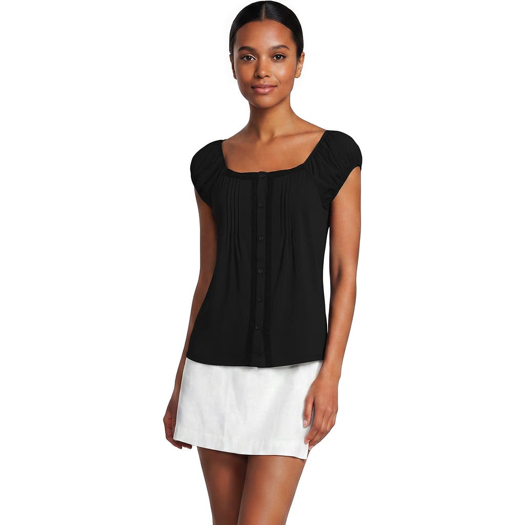 Lands' End Sleeveless Lightweight Jersey Pintuck Button Front Blouse In Black