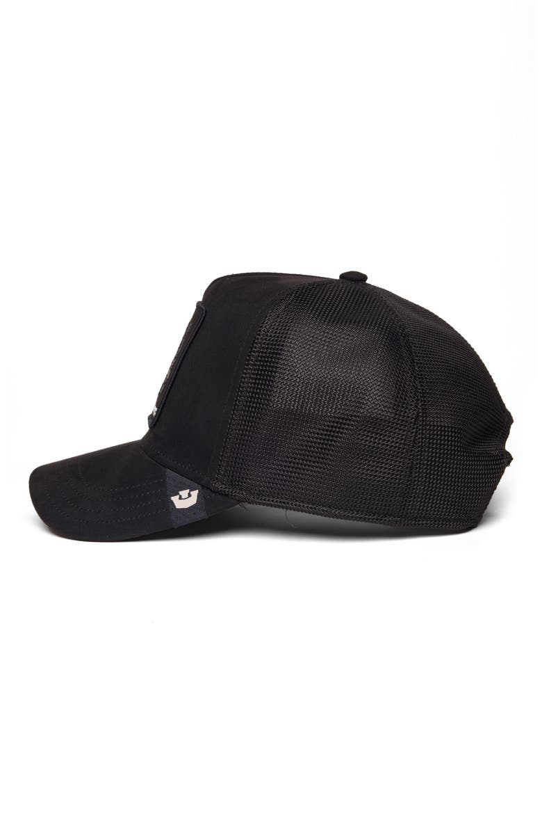 Panther Patch Faux Suede Snapback Trucker Hat, Alternate, color, VOID