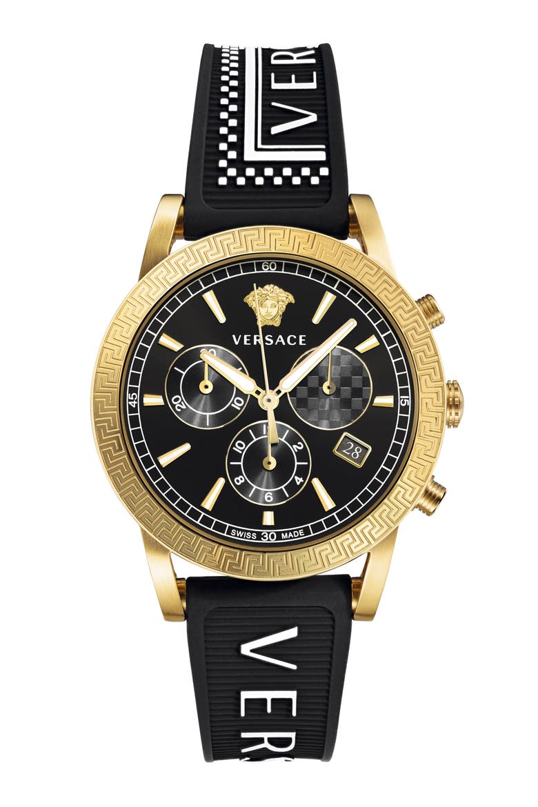 Sport Tech Chronograph Rubber Strap Watch, 40mm, Main, color, BLACK/ GOLD