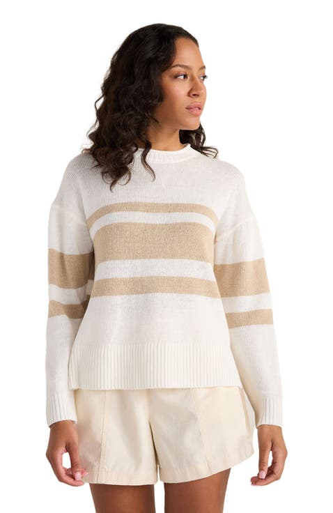 Cotton Linen Stripe Roll Neck Sweater