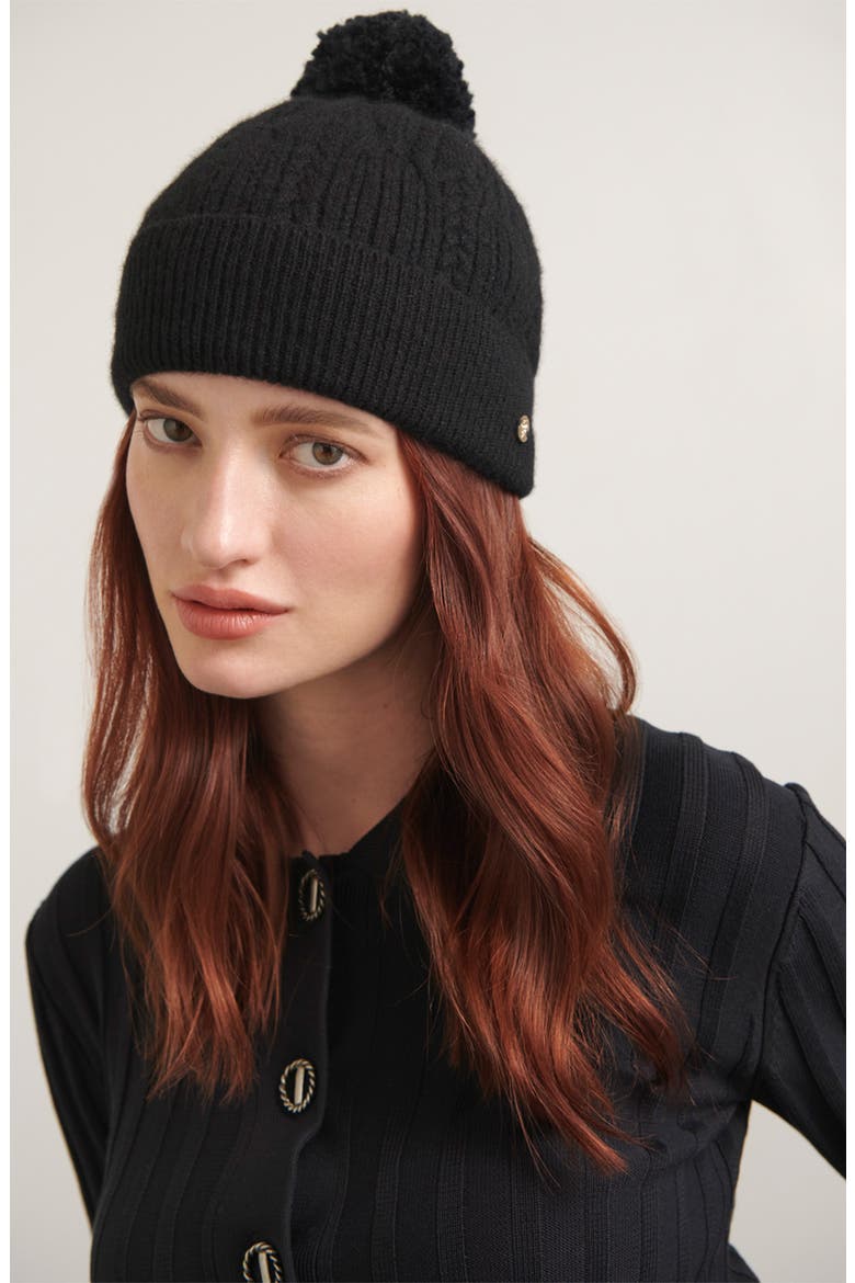 Moss Cashmere Pom Beanie, Alternate, color, BLACK