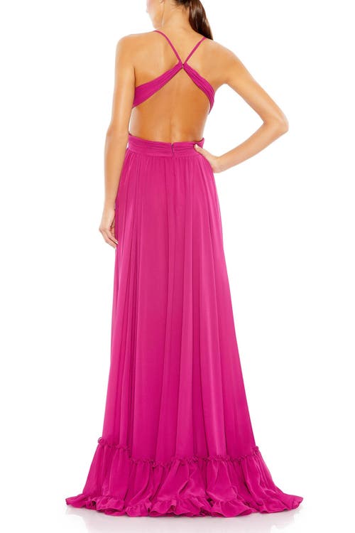 Mac Duggal Pleated Tiered Cut Out Sleeveless Gown In Fuchsia