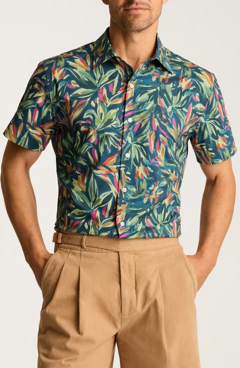 Riviera Slim Fit Leaf Print Short Sleeve Button-Up Shirt