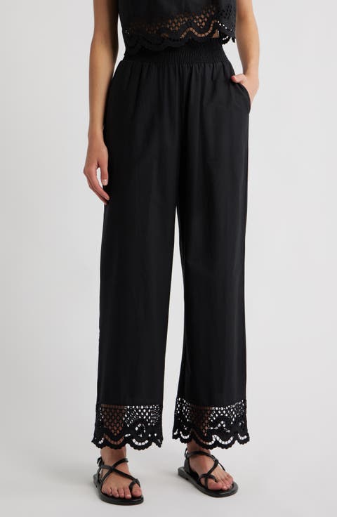 Henrik Smocked Waist Lace Trim Cotton Wide Leg Pants