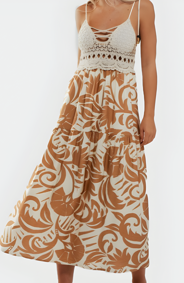 Modenaire Tropical Print Midi Dress with Crochet Bodice and Tie Shoulder Straps, Alternate, color, 