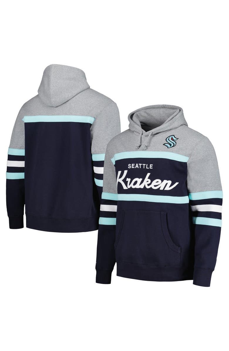 Mitchell & Ness Men's Mitchell & Ness Deep Sea Blue/Gray Seattle Kraken Head Coach Pullover Hoodie, Alternate, color, Navy