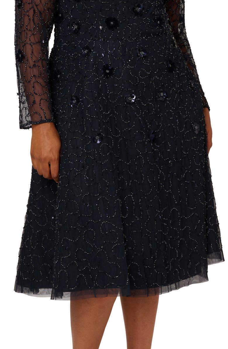 Adrianna Papell 3D Floral Beaded Long Sleeve Illusion Cocktail Dress, Alternate, color, Midnight