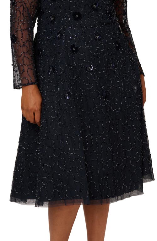 Adrianna Papell 3d Floral Beaded Long Sleeve Illusion Cocktail Dress In Black
