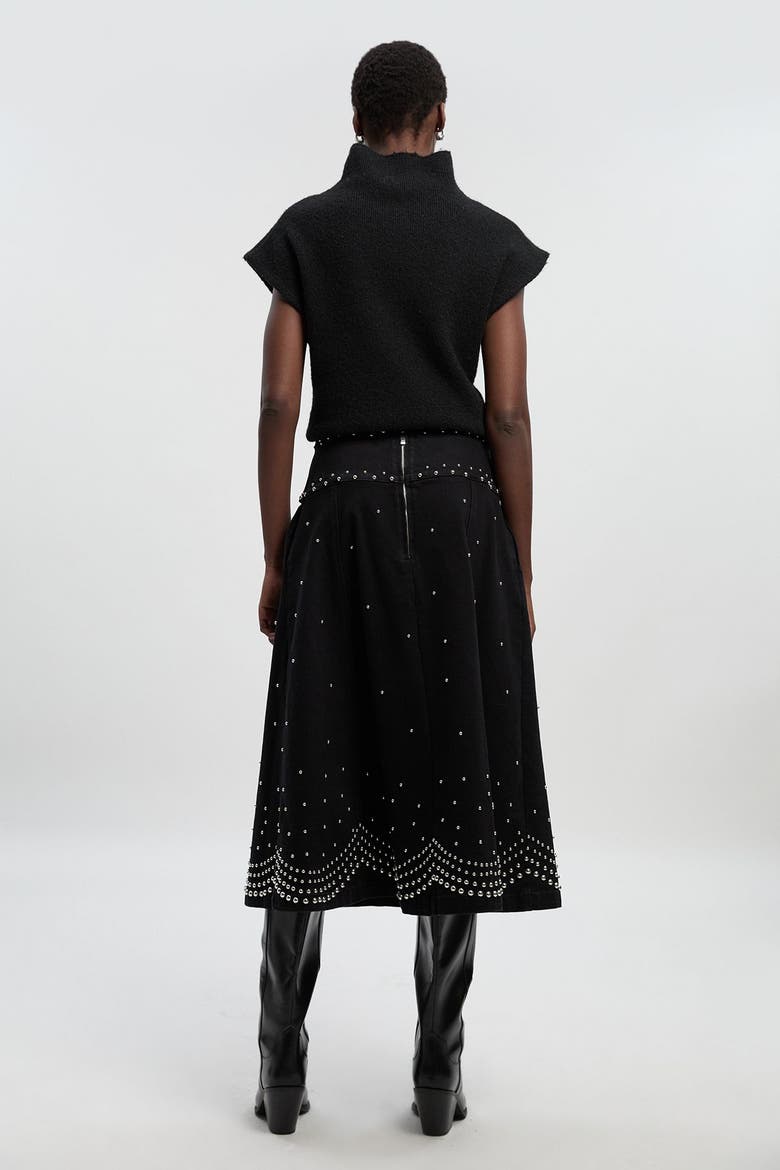Studded Tie Belt Midi Skirt, Alternate, color, Black